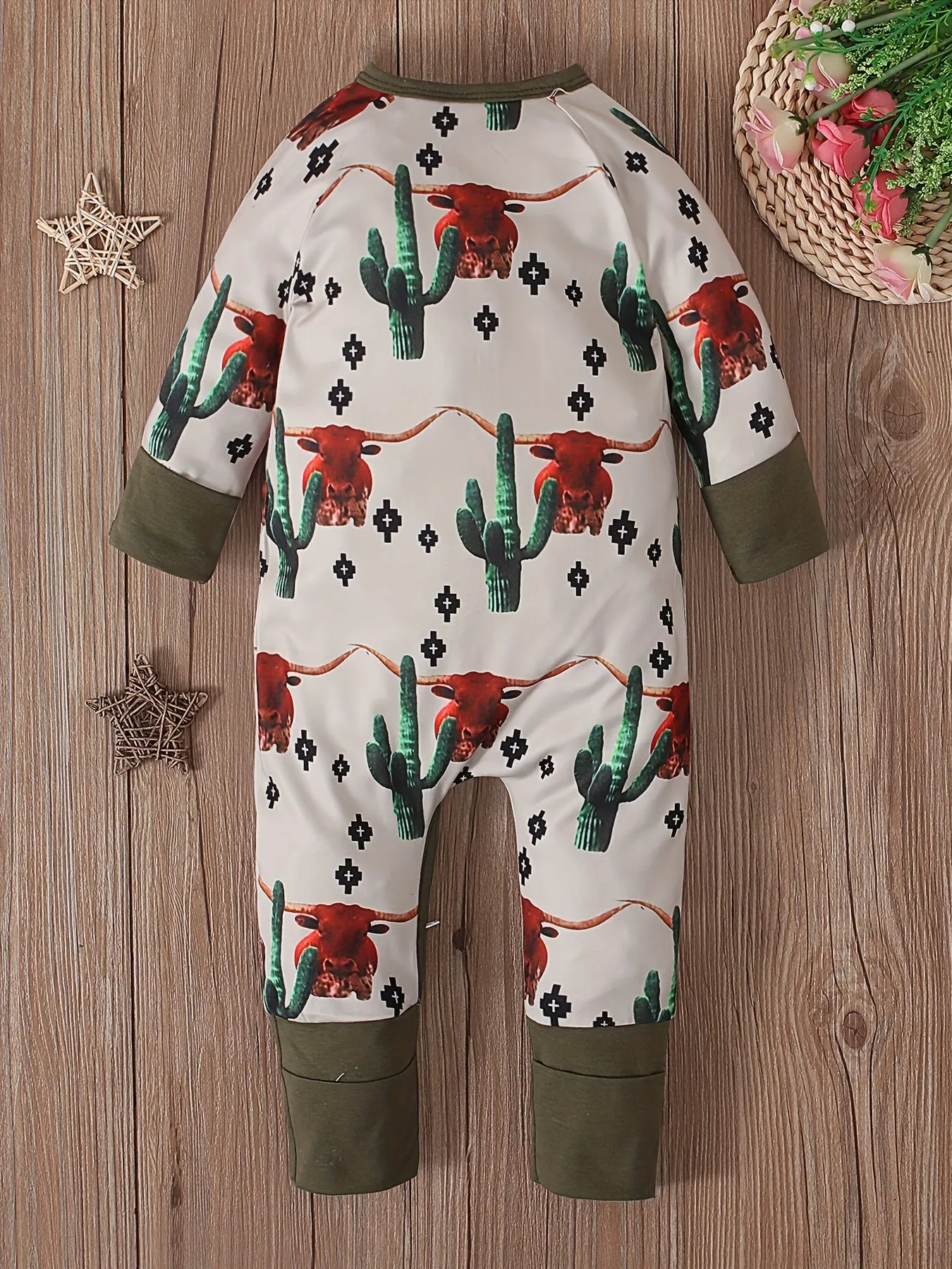 Adorable 3D Bull  Cactus Print Bodysuit for Baby Boys