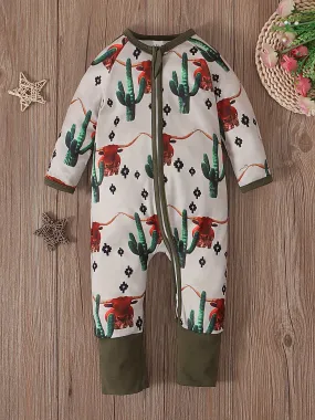 Adorable 3D Bull  Cactus Print Bodysuit for Baby Boys