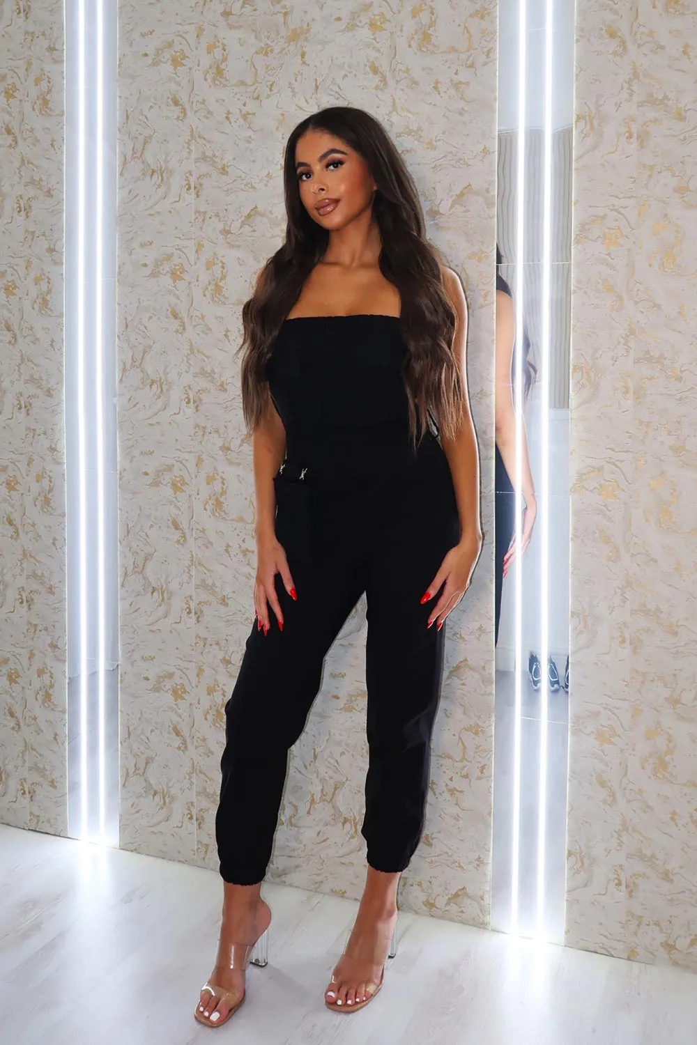 Bardot Cargo Utility Belted Jumpsuit Black