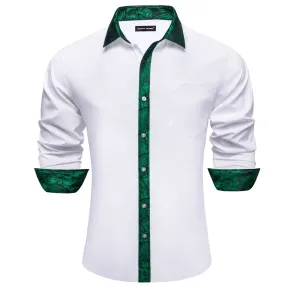 Barry Wang White Shirt Green Paisley Cuffs Mens Silk Long Sleeve Shirt