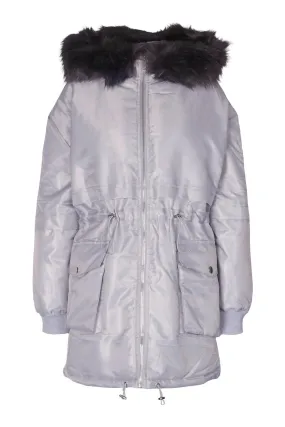 Brand New Boohoo Maternity Grey Faux Fur Trim Parka Coat - Size Maternity UK 8 / 10 / 12