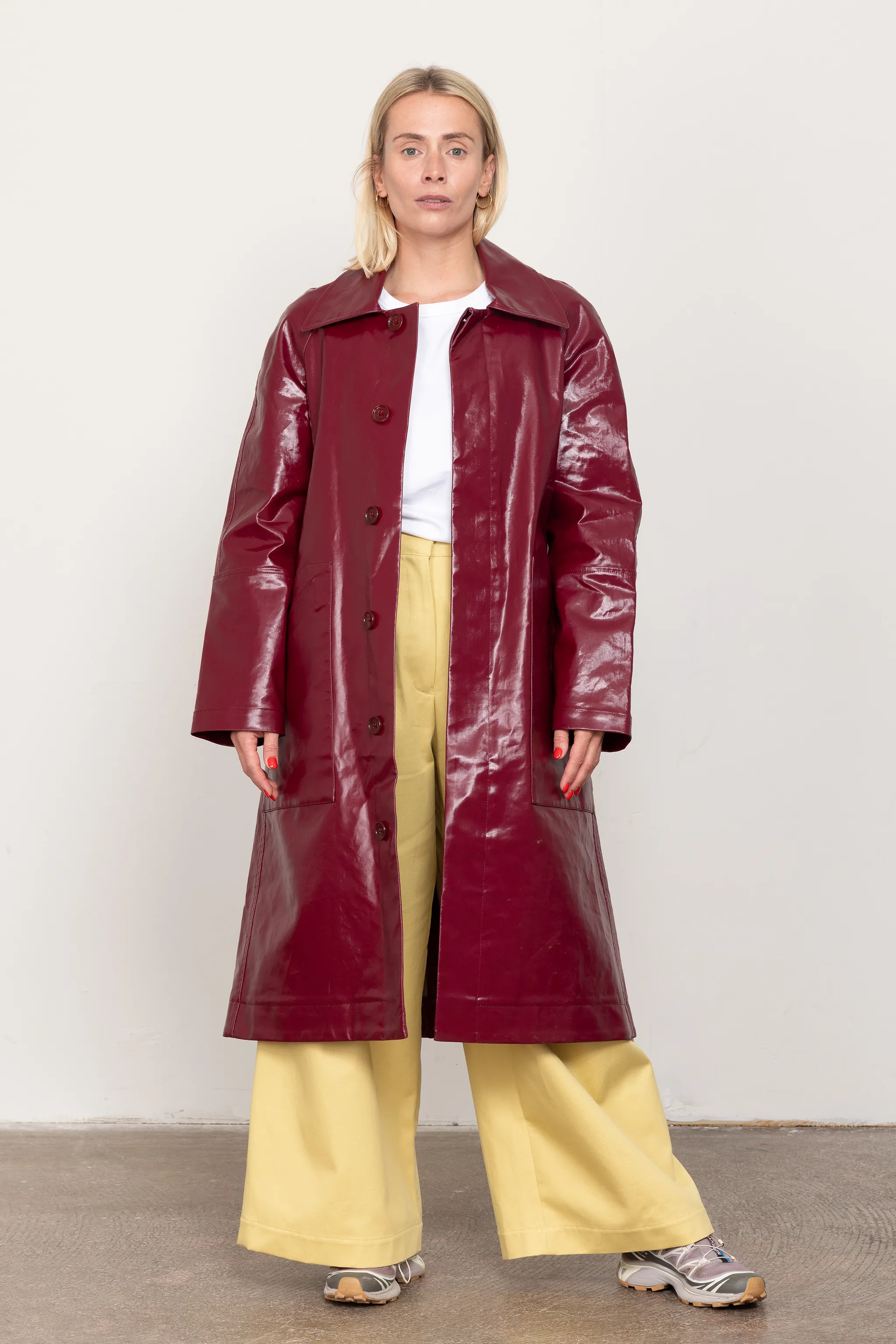 Burgundy patent car coat