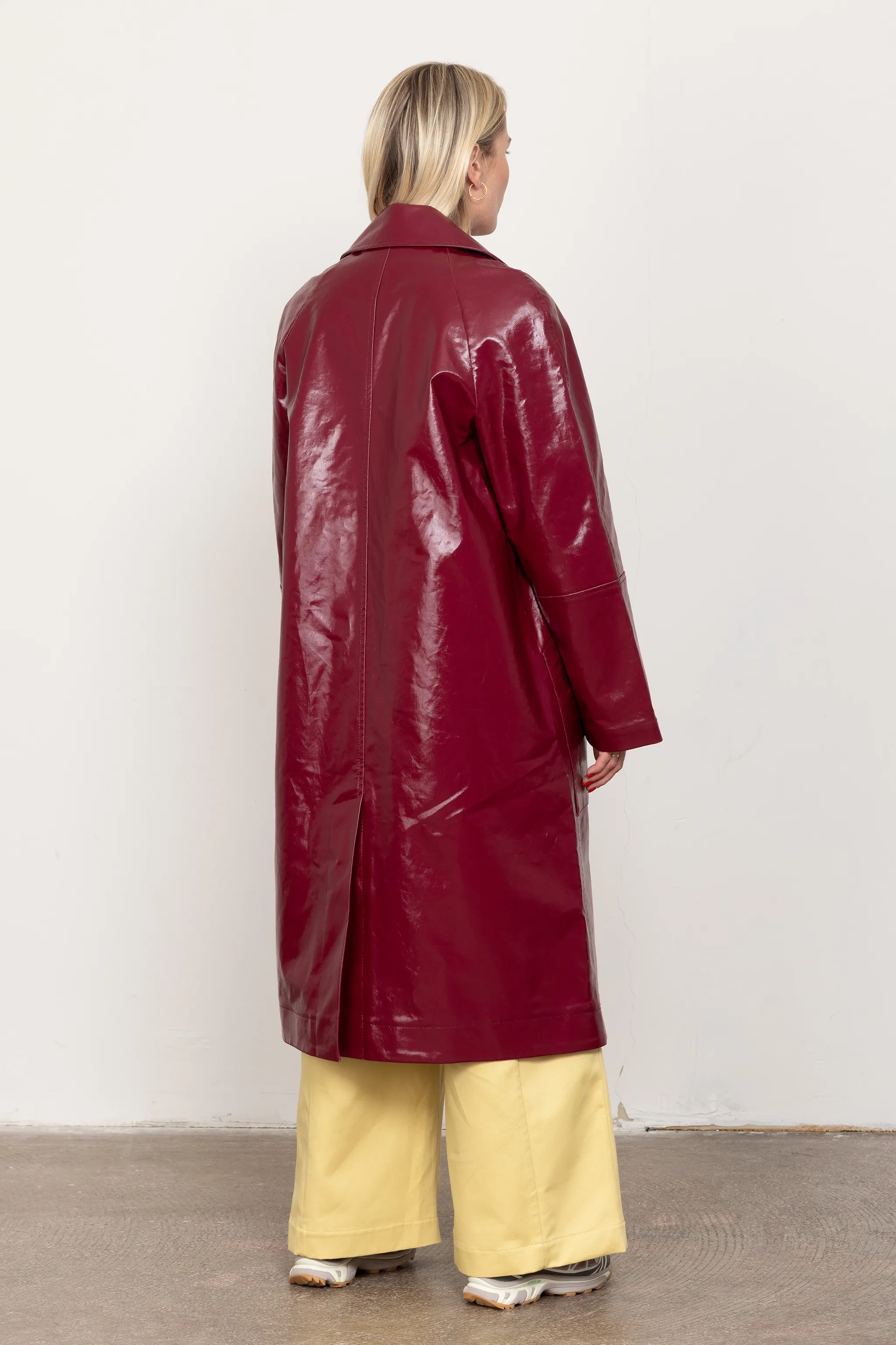 Burgundy patent car coat