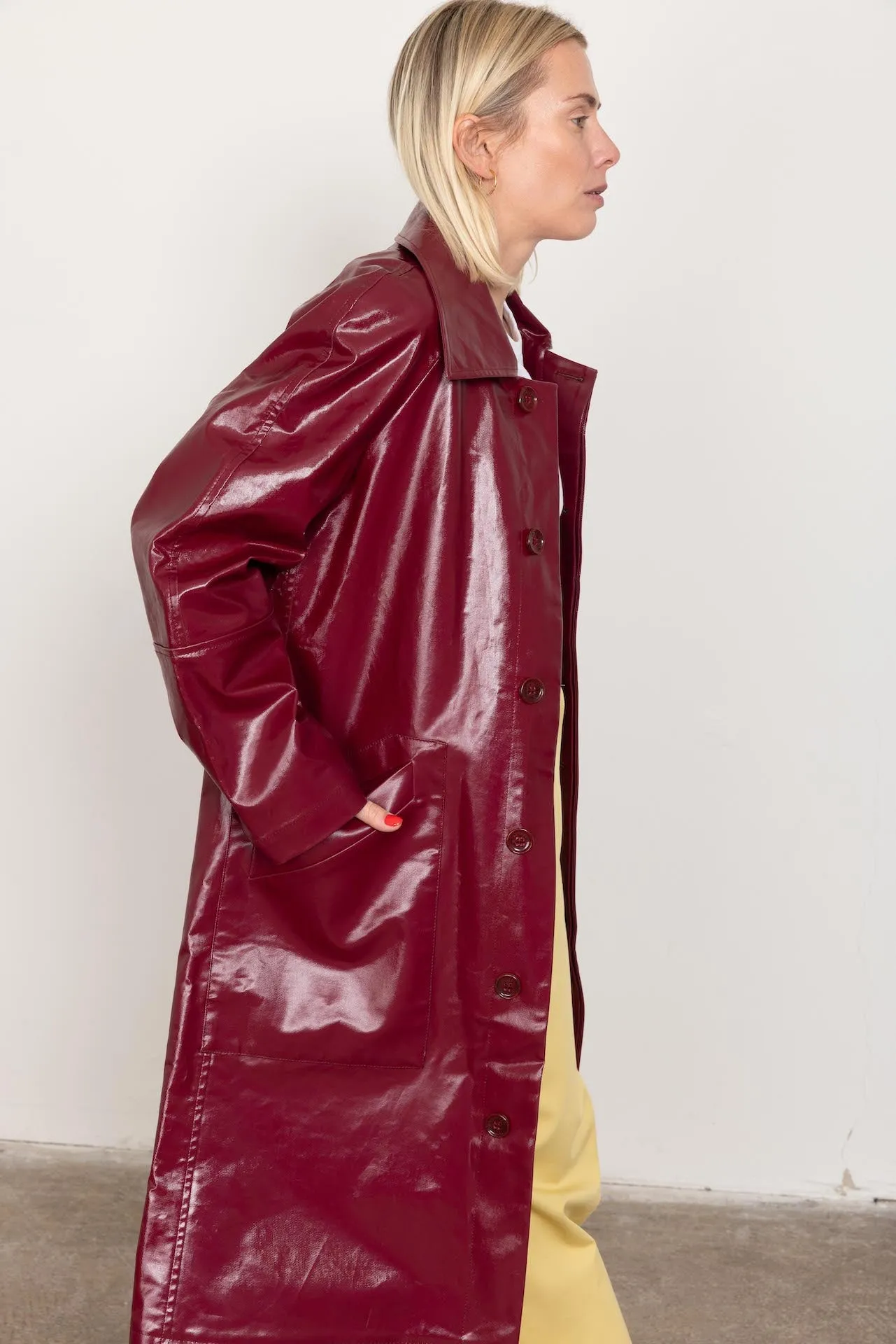 Burgundy patent car coat