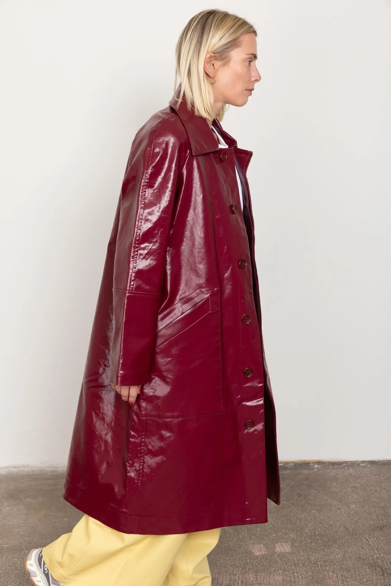 Burgundy patent car coat