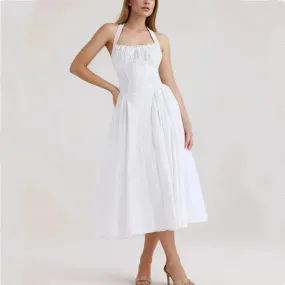 Corset Style Bow Halter Spliced Lace Midi Dress
