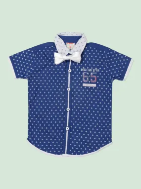 Dominus Boy's Blue Geometric Print Shirt with White Bow Tie and Contrast Trim