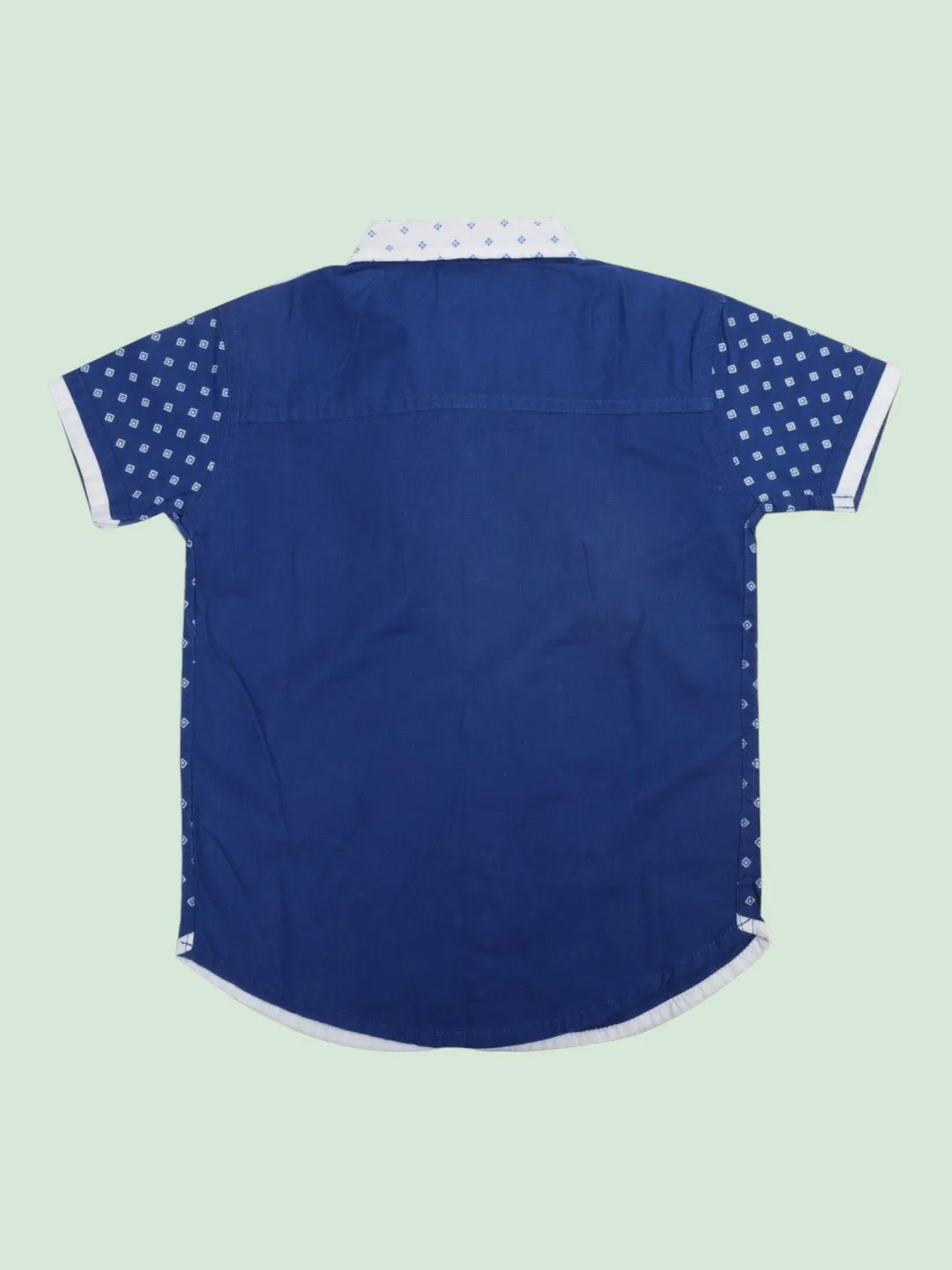 Dominus Boy's Blue Geometric Print Shirt with White Bow Tie and Contrast Trim