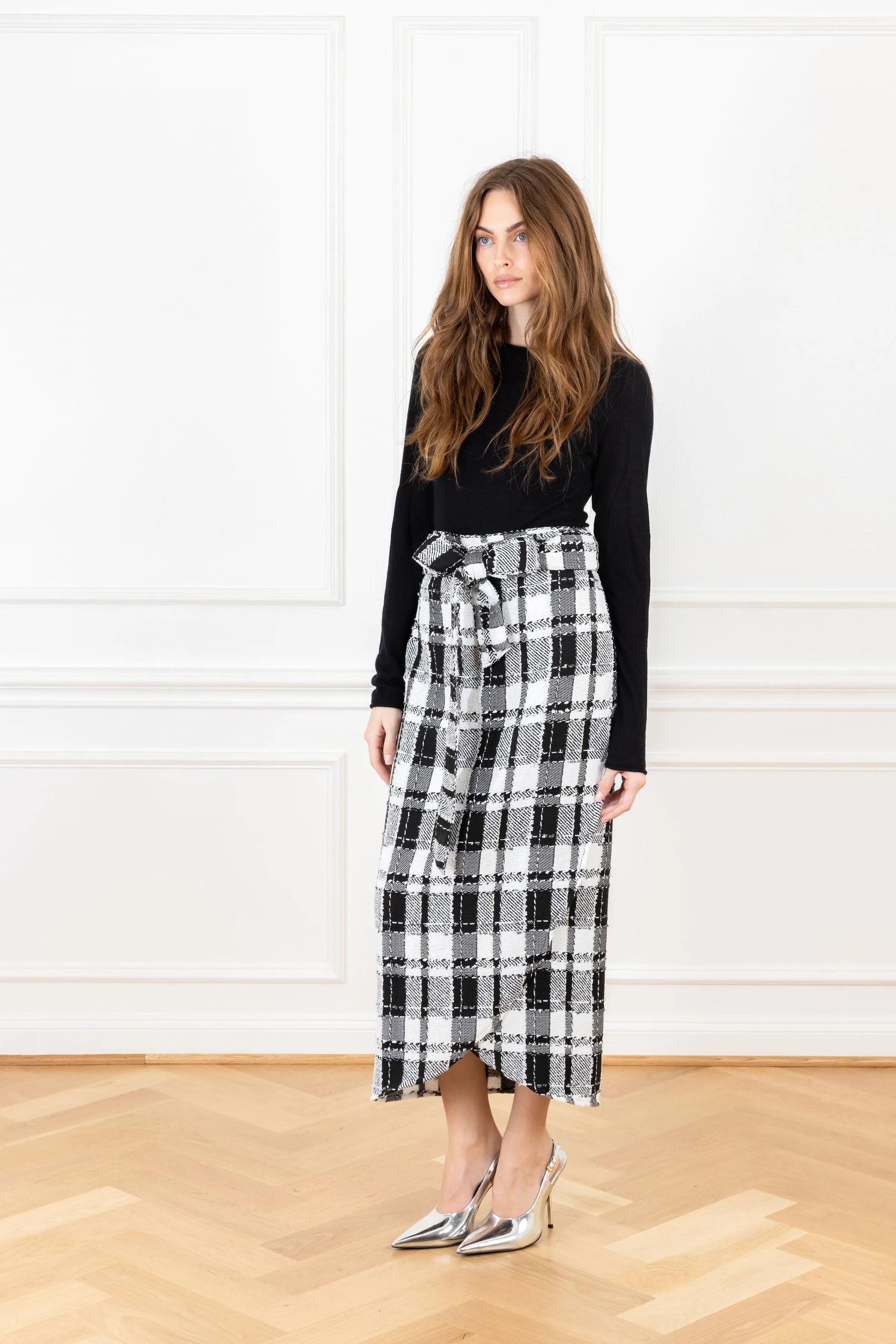 Icy Black Textured Plaid Maxi Wrap Skirt