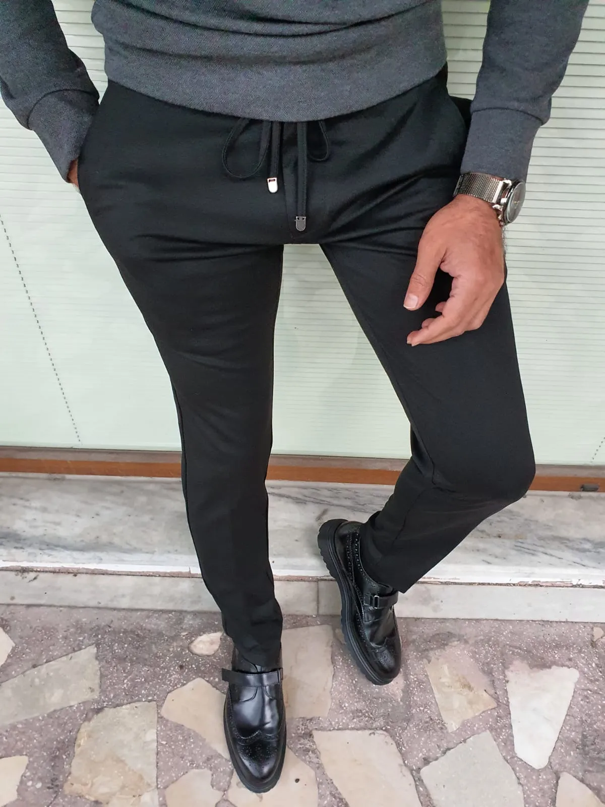 Kyle Slim Fit Black Elastic Pants