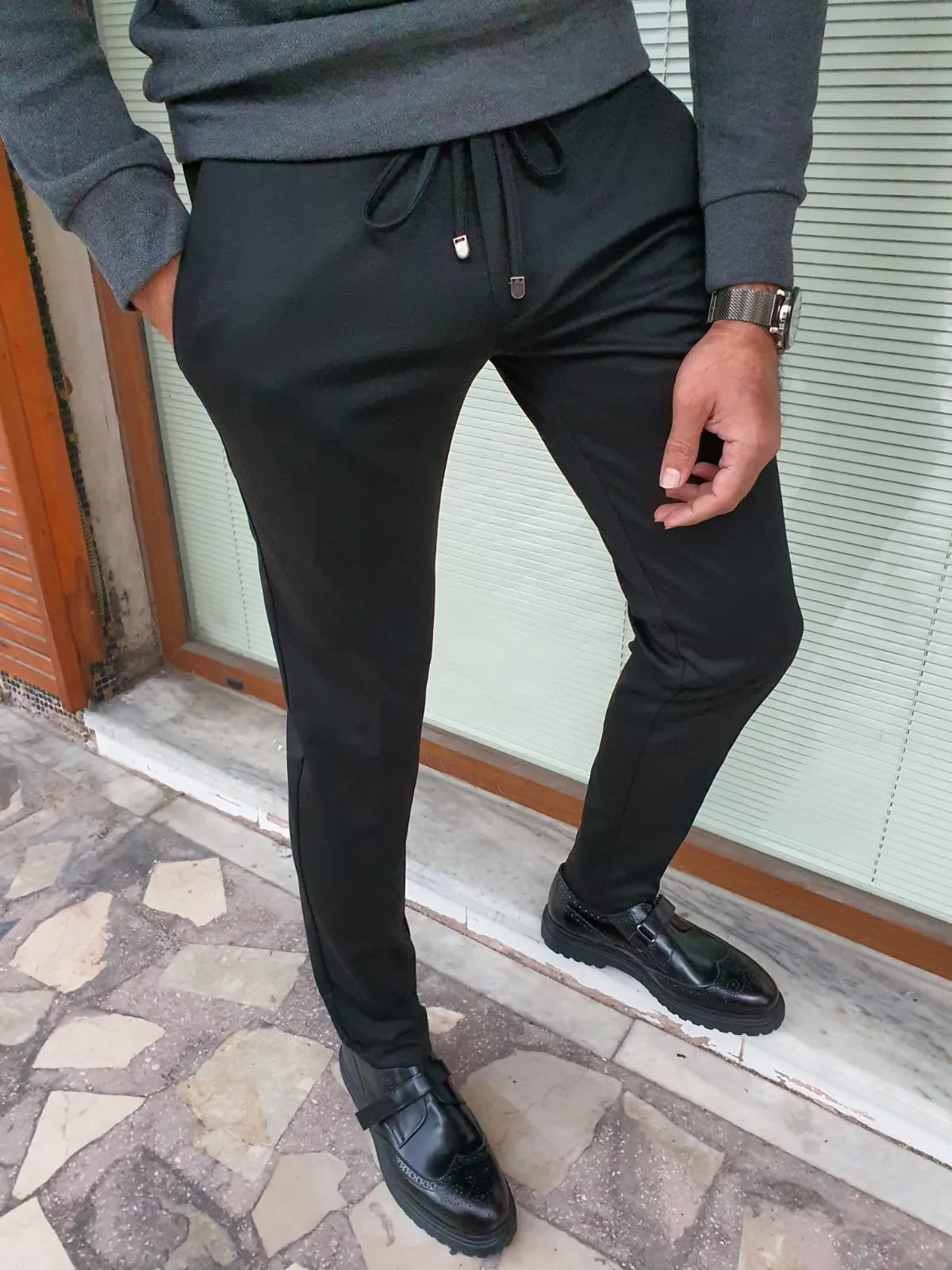 Kyle Slim Fit Black Elastic Pants