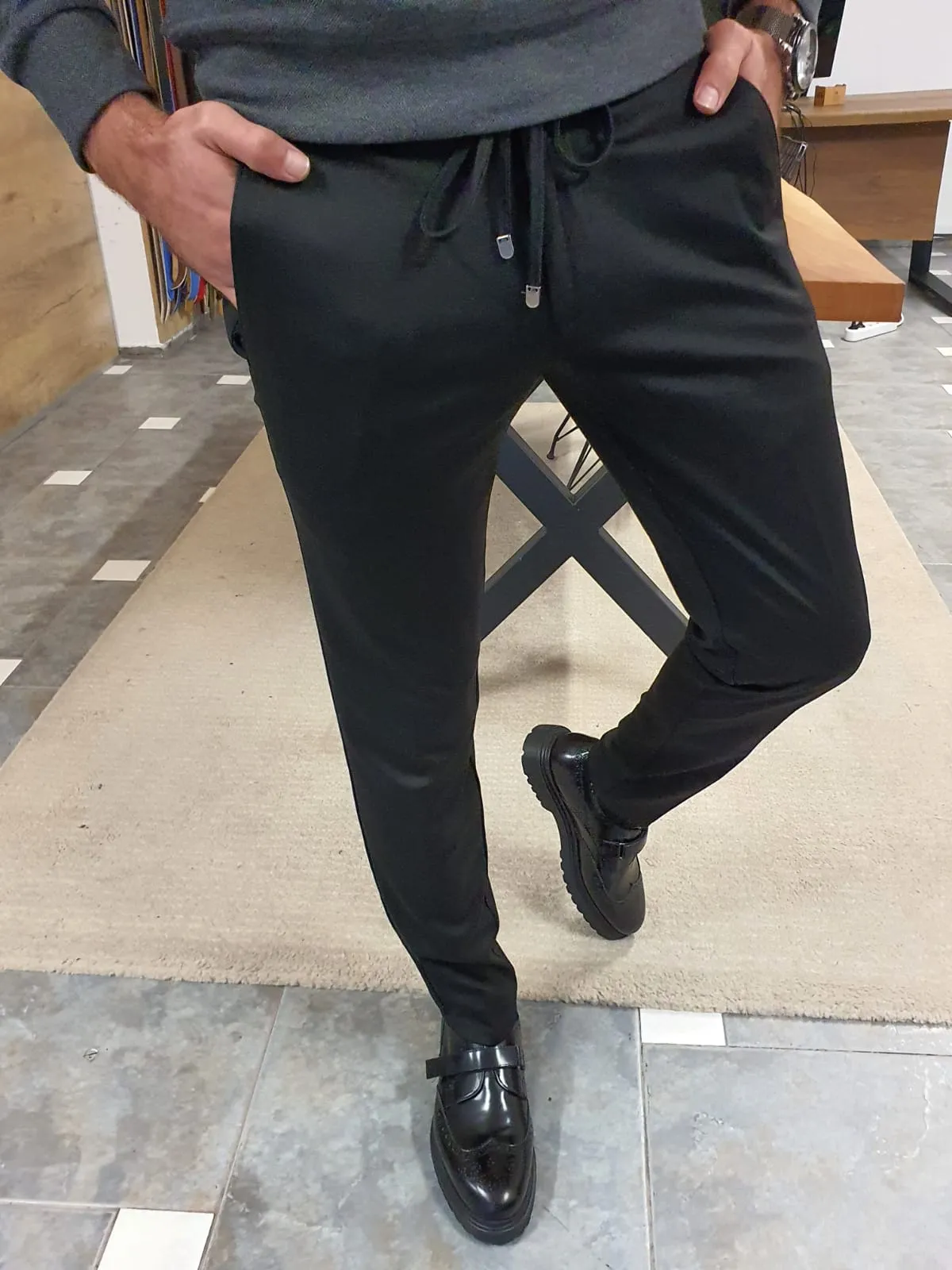 Kyle Slim Fit Black Elastic Pants