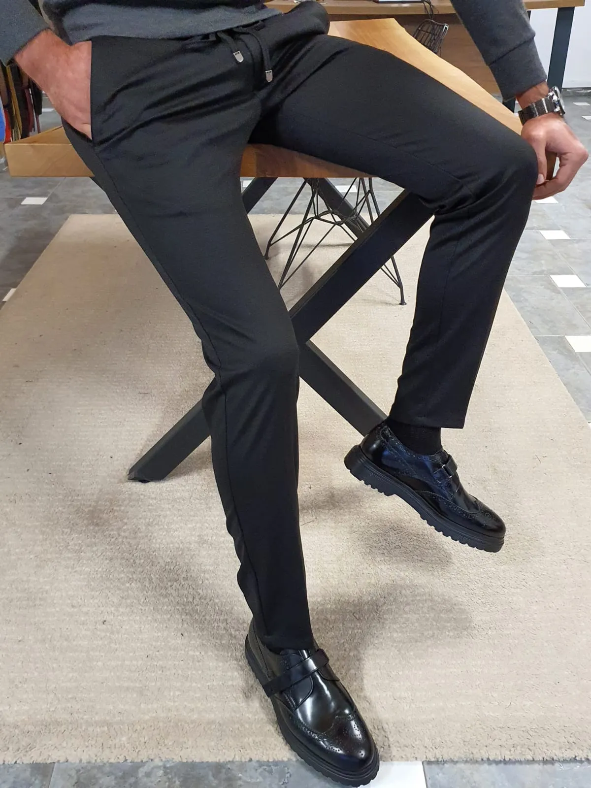 Kyle Slim Fit Black Elastic Pants