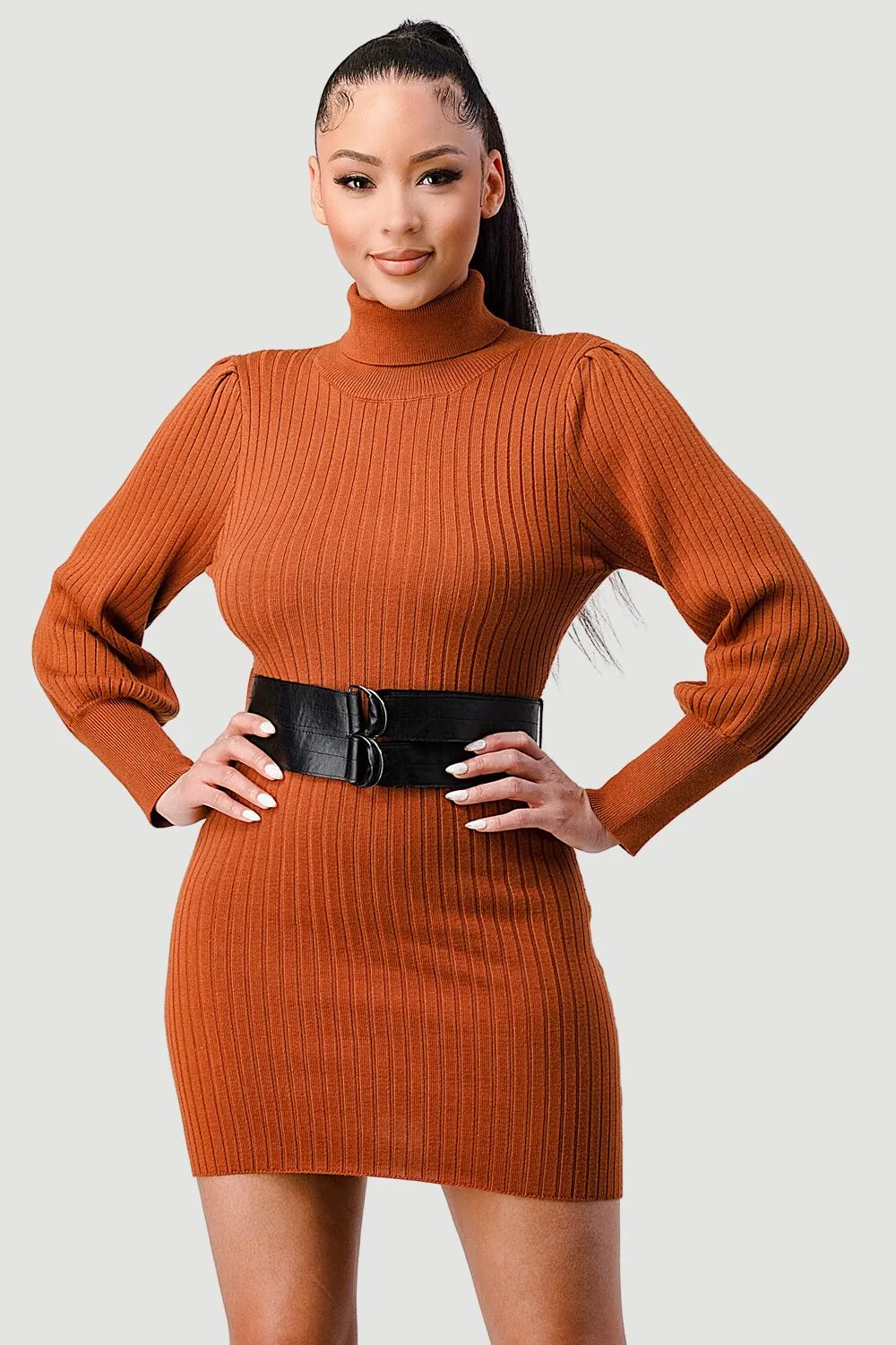 LUXE SWEATER KNIT WAIST PLEATED BELT MINI DRESS