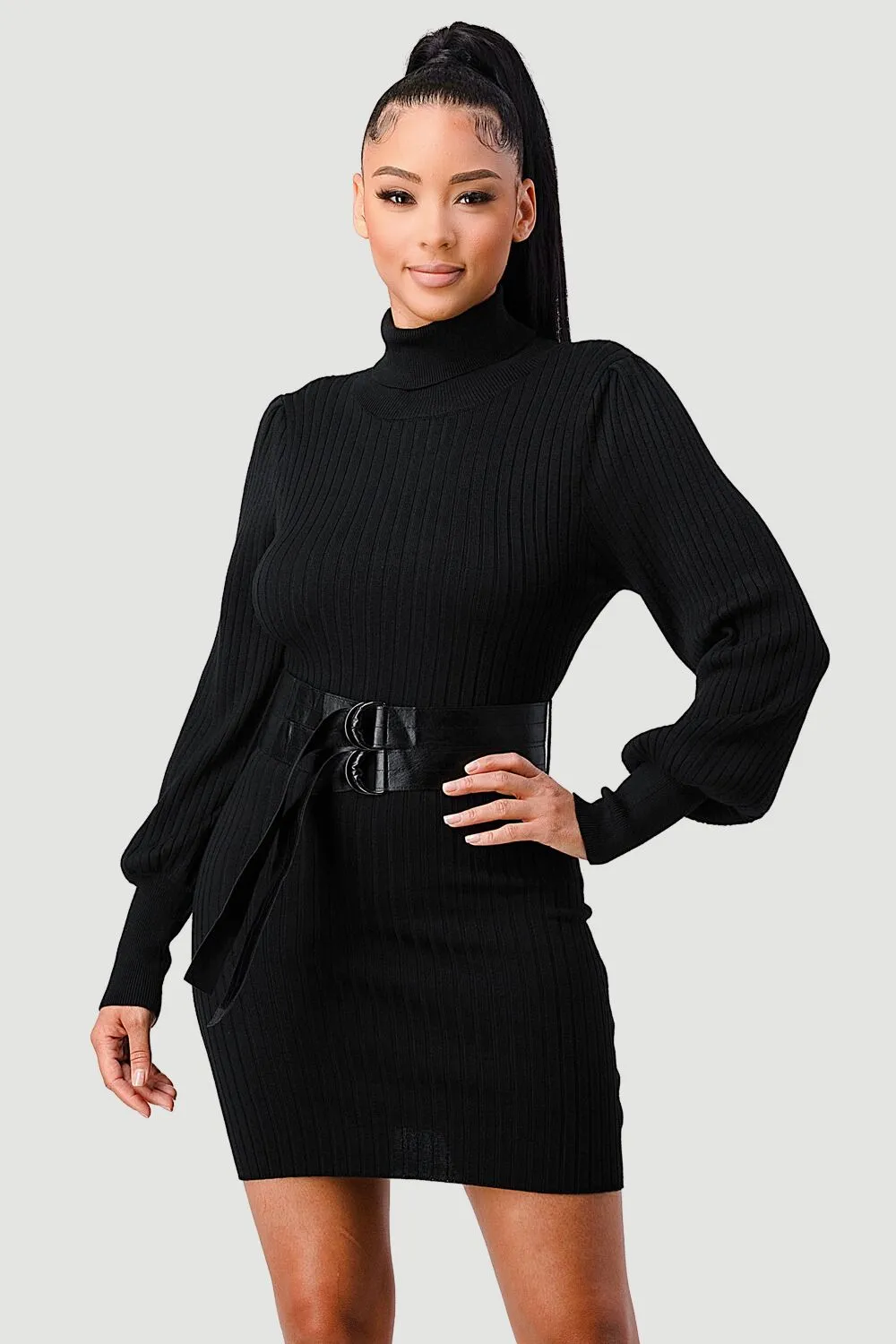 LUXE SWEATER KNIT WAIST PLEATED BELT MINI DRESS