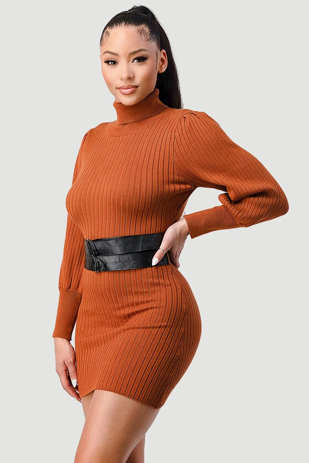 LUXE SWEATER KNIT WAIST PLEATED BELT MINI DRESS