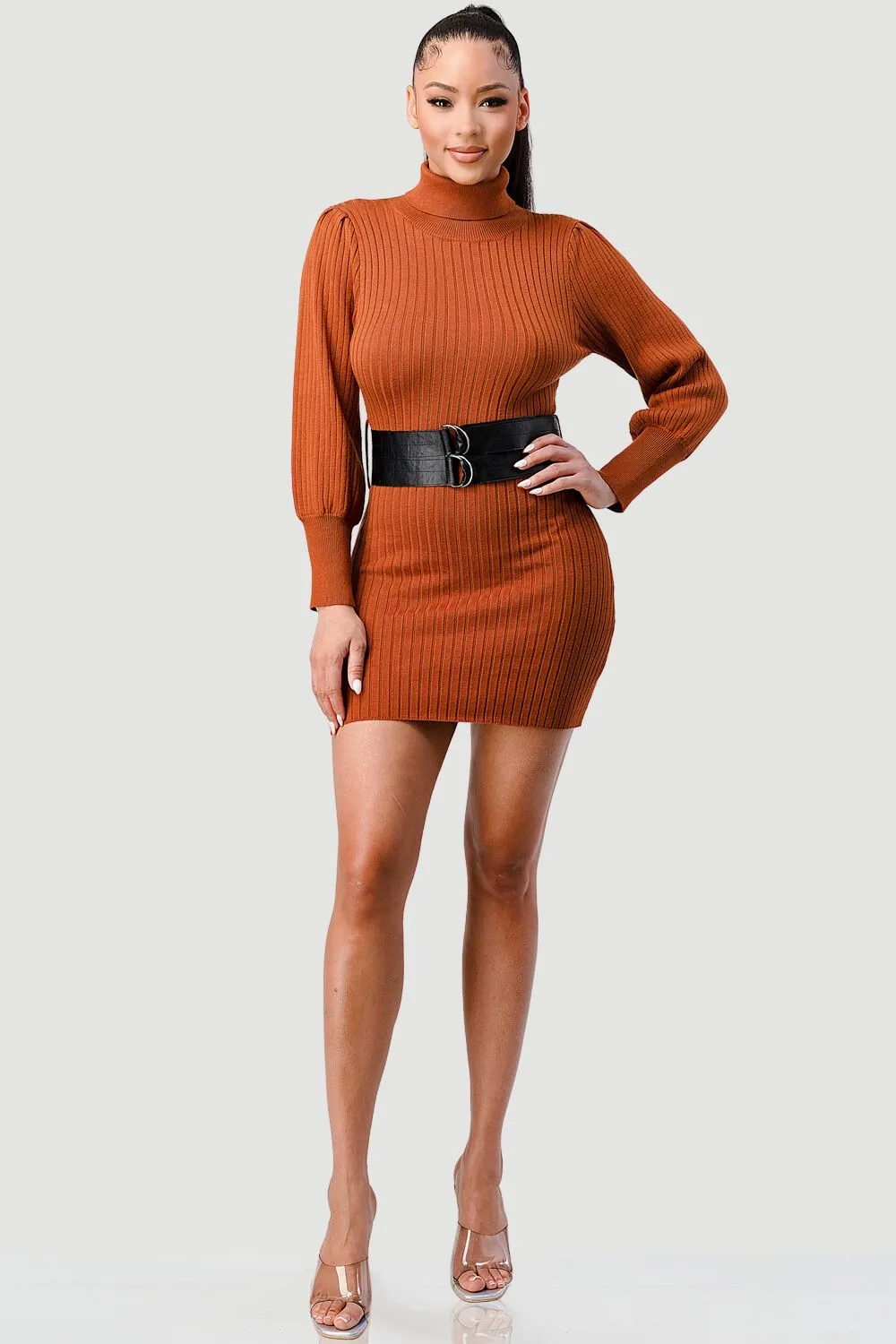 LUXE SWEATER KNIT WAIST PLEATED BELT MINI DRESS