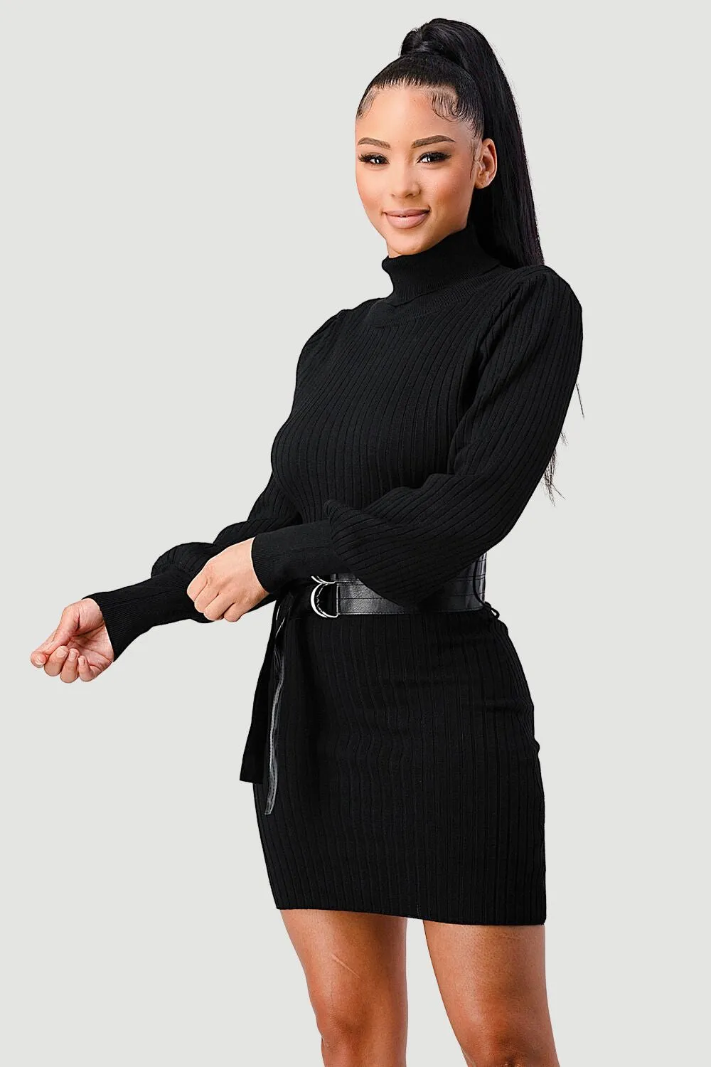 LUXE SWEATER KNIT WAIST PLEATED BELT MINI DRESS