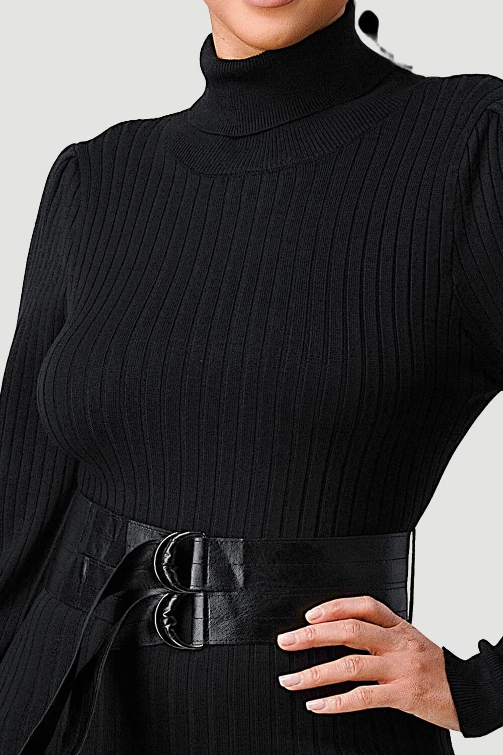 LUXE SWEATER KNIT WAIST PLEATED BELT MINI DRESS