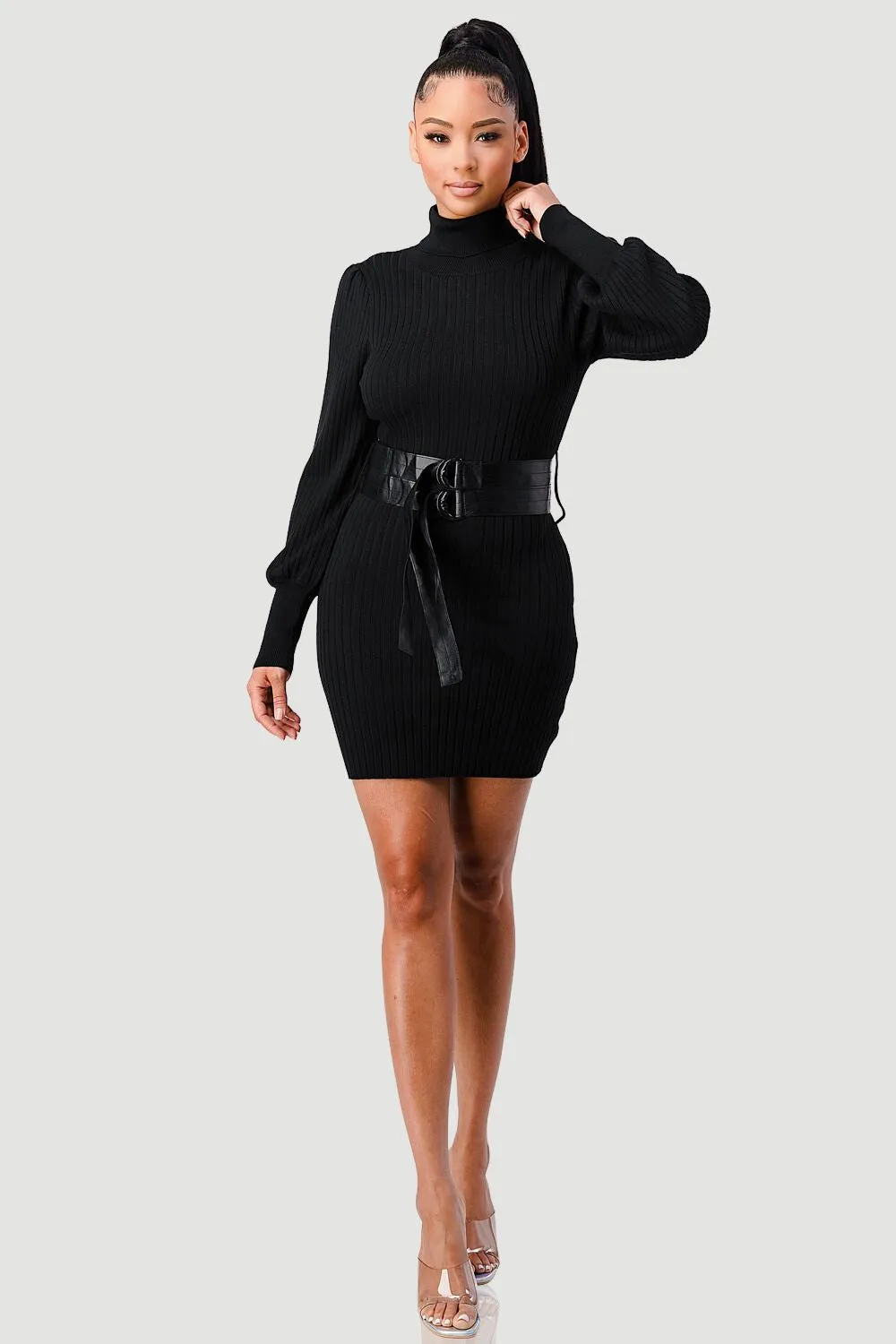 LUXE SWEATER KNIT WAIST PLEATED BELT MINI DRESS