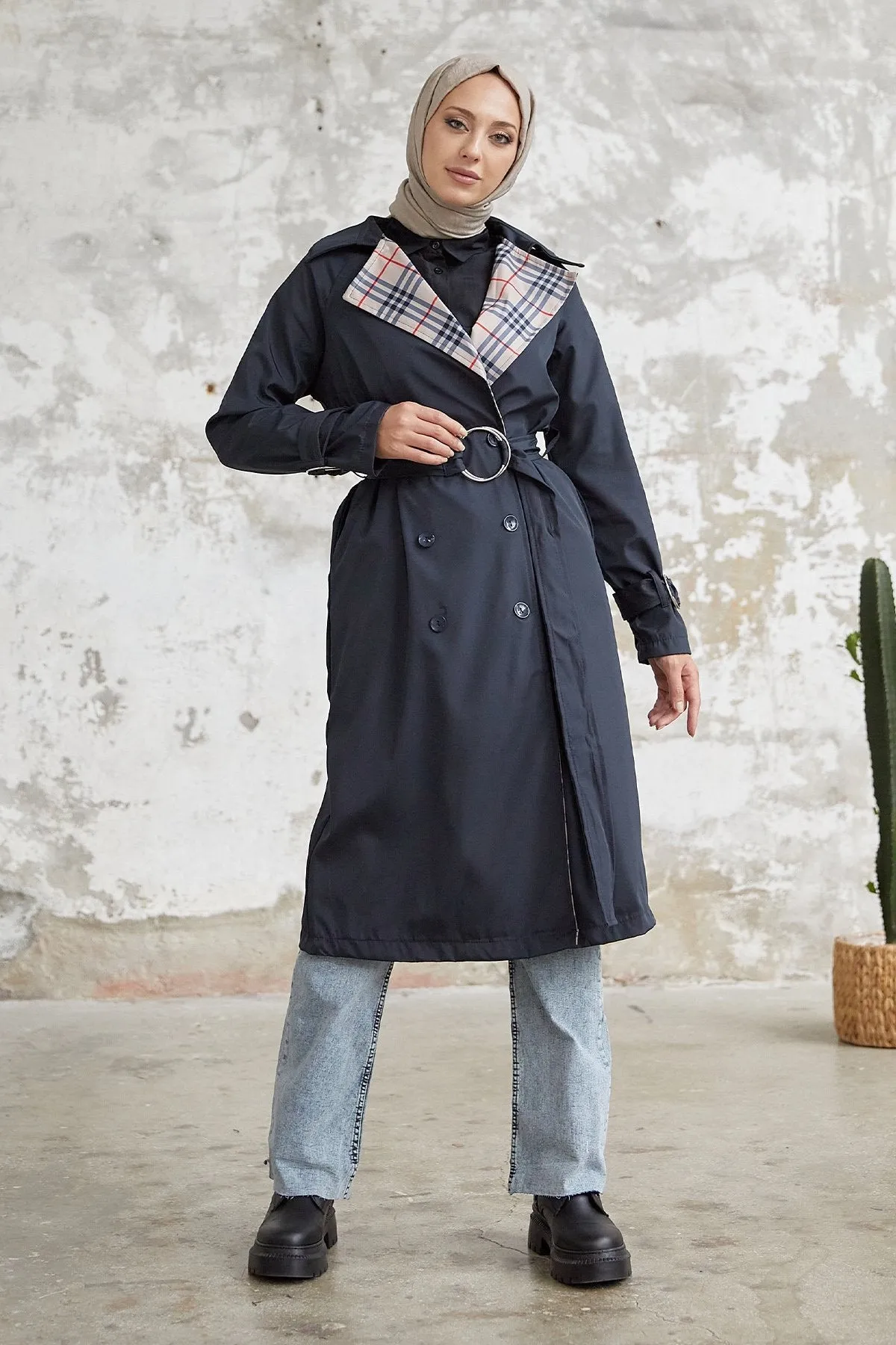 MDS Women Eleta Double-Breasted Checkered Trench Coat - Navy - Weymouth