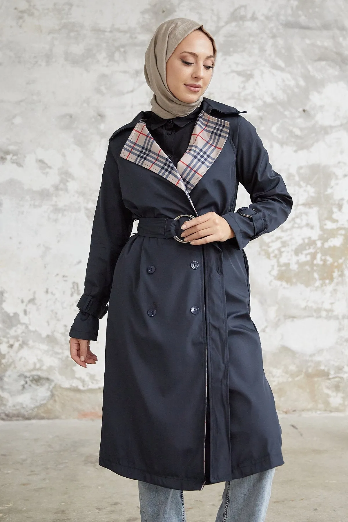 MDS Women Eleta Double-Breasted Checkered Trench Coat - Navy - Weymouth