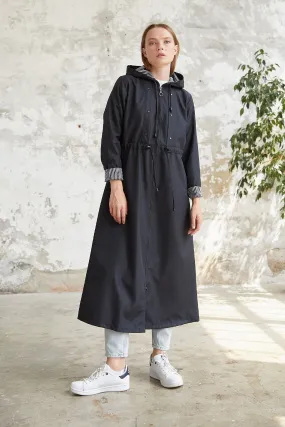 MDS Women Striped Patterned Long Trench Coat - Black - Alghero