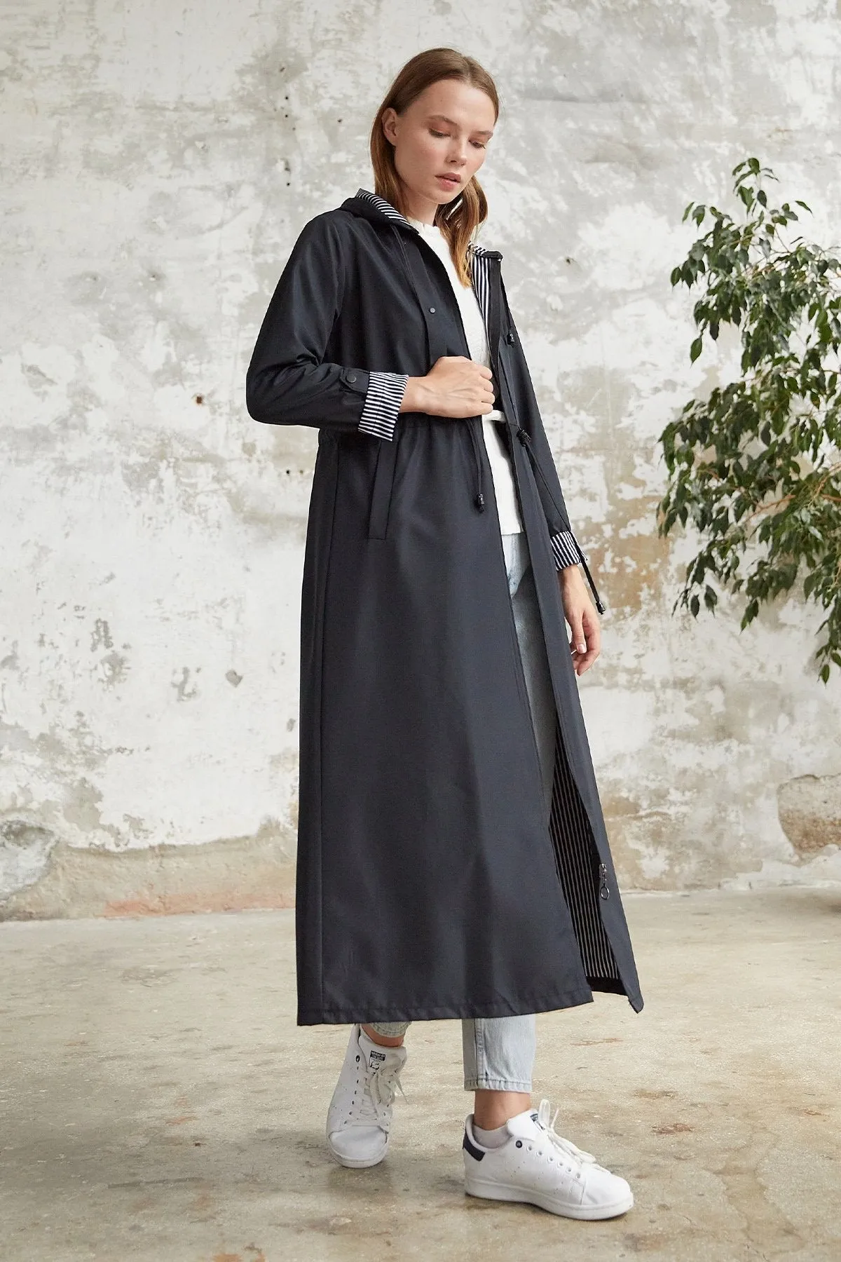 MDS Women Striped Patterned Long Trench Coat - Black - Alghero