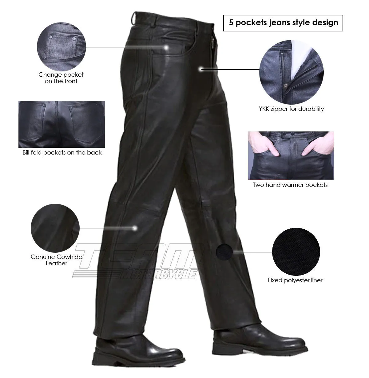Men's Black Premium Cowhide Jeans Style Biker Motorcycle Leather Pants