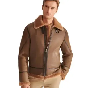 Men's Camel Brown B3 Shearling Aviator Leather Jacket – Stylish & Cozy