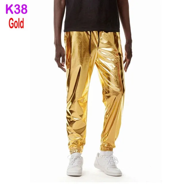 Mens Joggers Metallic Shiny Gold Fish Scales Sweatpants 70s Disco Dance Harem Pants Men Nightclub Stage Party Streetwear Trousers