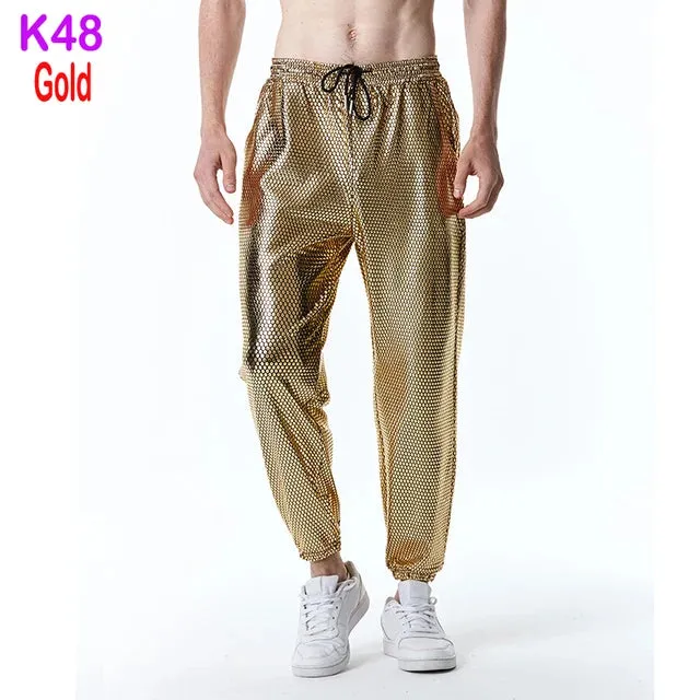 Mens Joggers Metallic Shiny Gold Fish Scales Sweatpants 70s Disco Dance Harem Pants Men Nightclub Stage Party Streetwear Trousers