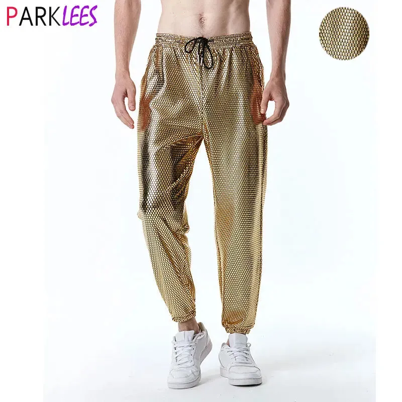 Mens Joggers Metallic Shiny Gold Fish Scales Sweatpants 70s Disco Dance Harem Pants Men Nightclub Stage Party Streetwear Trousers