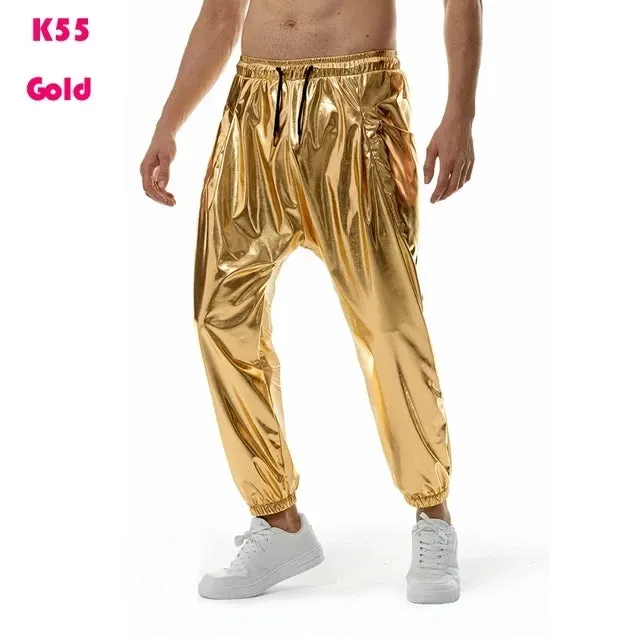 Mens Joggers Metallic Shiny Gold Fish Scales Sweatpants 70s Disco Dance Harem Pants Men Nightclub Stage Party Streetwear Trousers