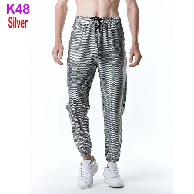 Mens Joggers Metallic Shiny Gold Fish Scales Sweatpants 70s Disco Dance Harem Pants Men Nightclub Stage Party Streetwear Trousers