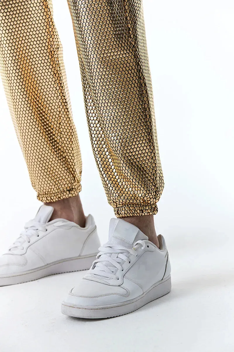 Mens Joggers Metallic Shiny Gold Fish Scales Sweatpants 70s Disco Dance Harem Pants Men Nightclub Stage Party Streetwear Trousers