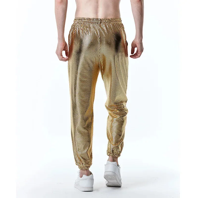Mens Joggers Metallic Shiny Gold Fish Scales Sweatpants 70s Disco Dance Harem Pants Men Nightclub Stage Party Streetwear Trousers