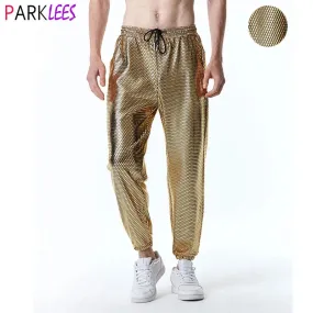 Mens Joggers Metallic Shiny Gold Fish Scales Sweatpants 70s Disco Dance Harem Pants Men Nightclub Stage Party Streetwear Trousers