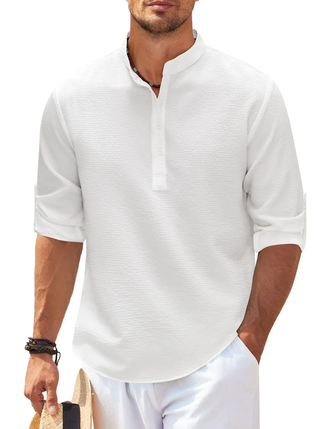 Men's Long Sleeve Stand Collar Solid Color Shirt - GlamzLife