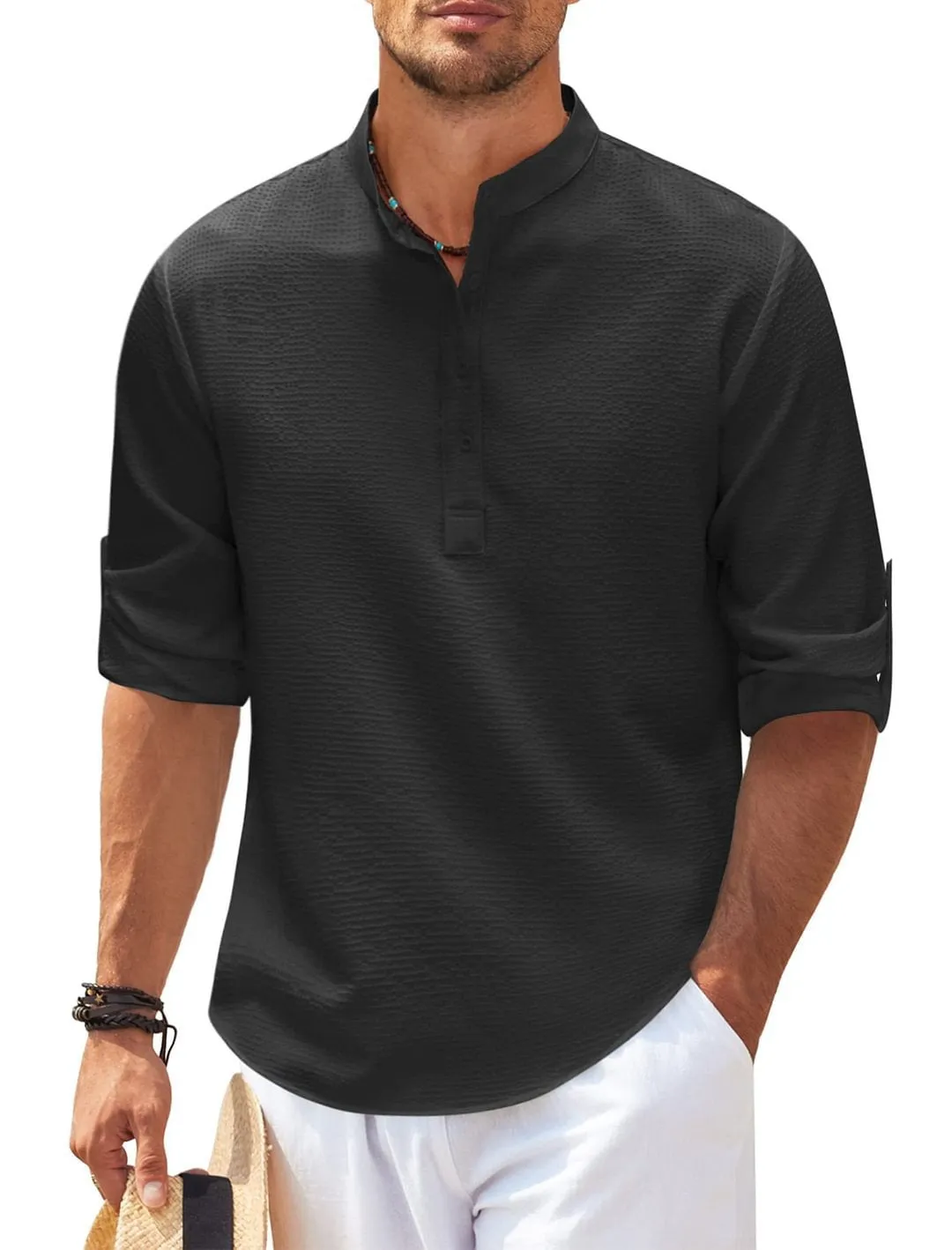 Men's Long Sleeve Stand Collar Solid Color Shirt - GlamzLife