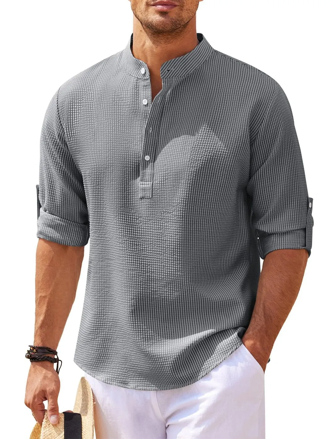 Men's Long Sleeve Stand Collar Solid Color Shirt - GlamzLife