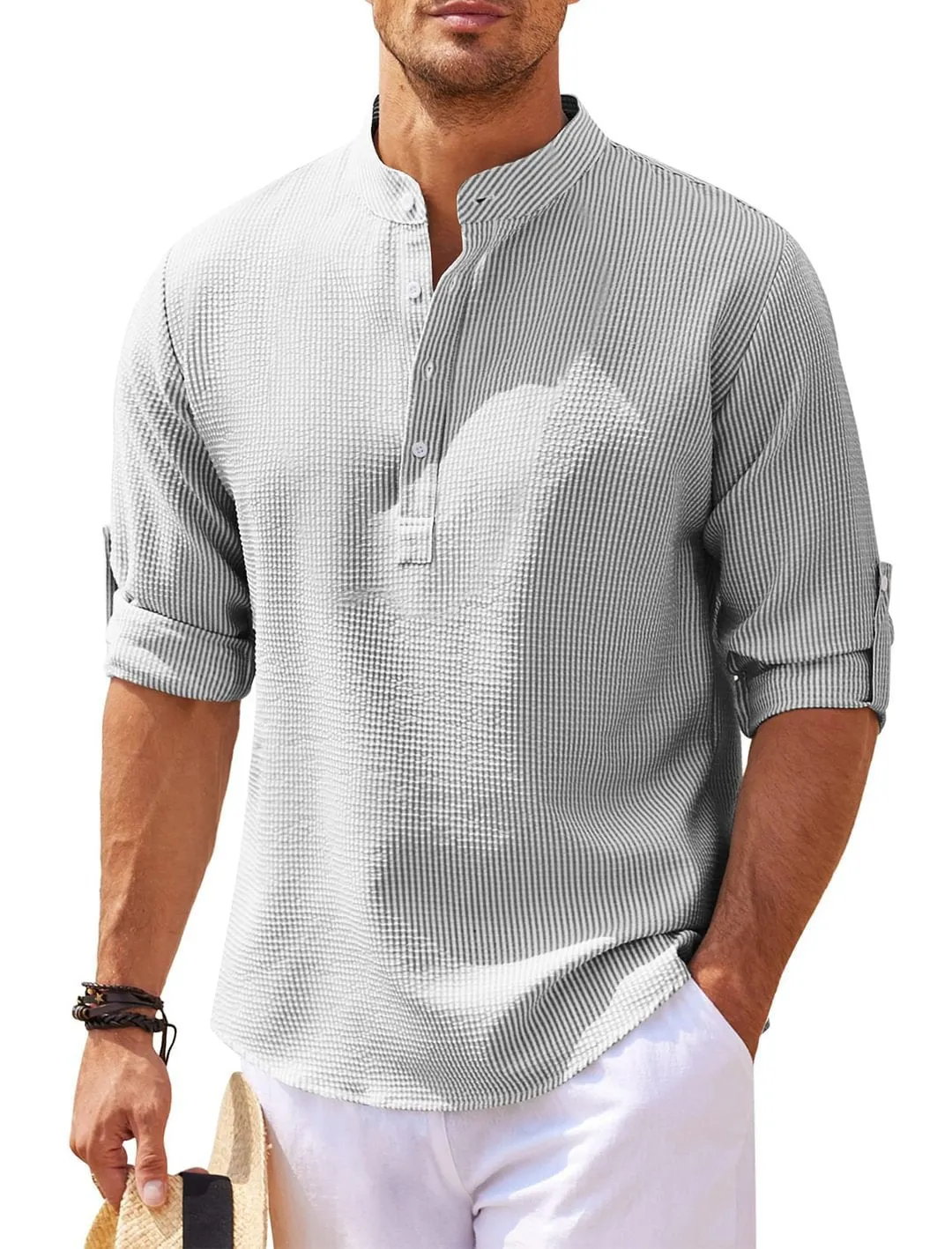 Men's Long Sleeve Stand Collar Solid Color Shirt - GlamzLife