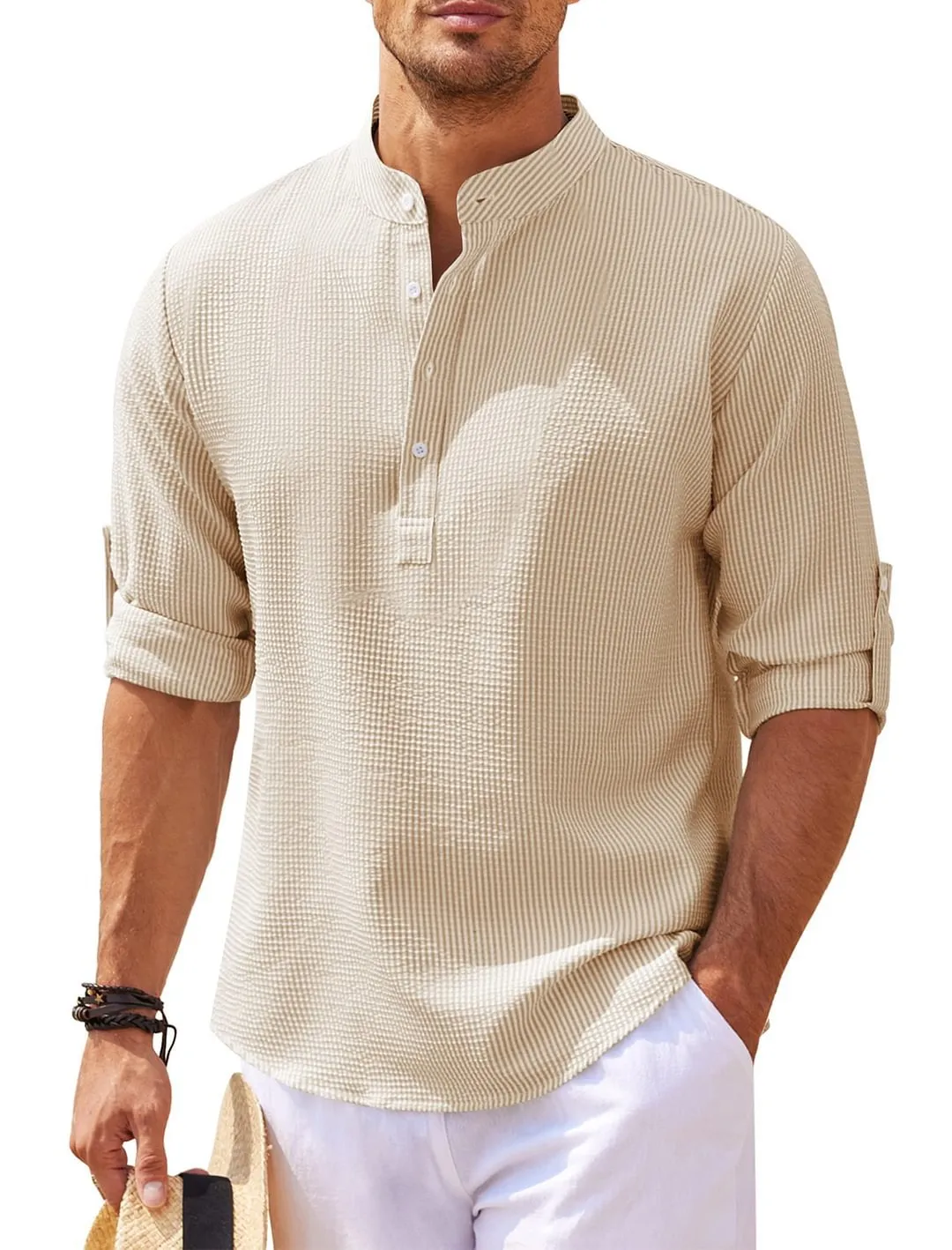Men's Long Sleeve Stand Collar Solid Color Shirt - GlamzLife