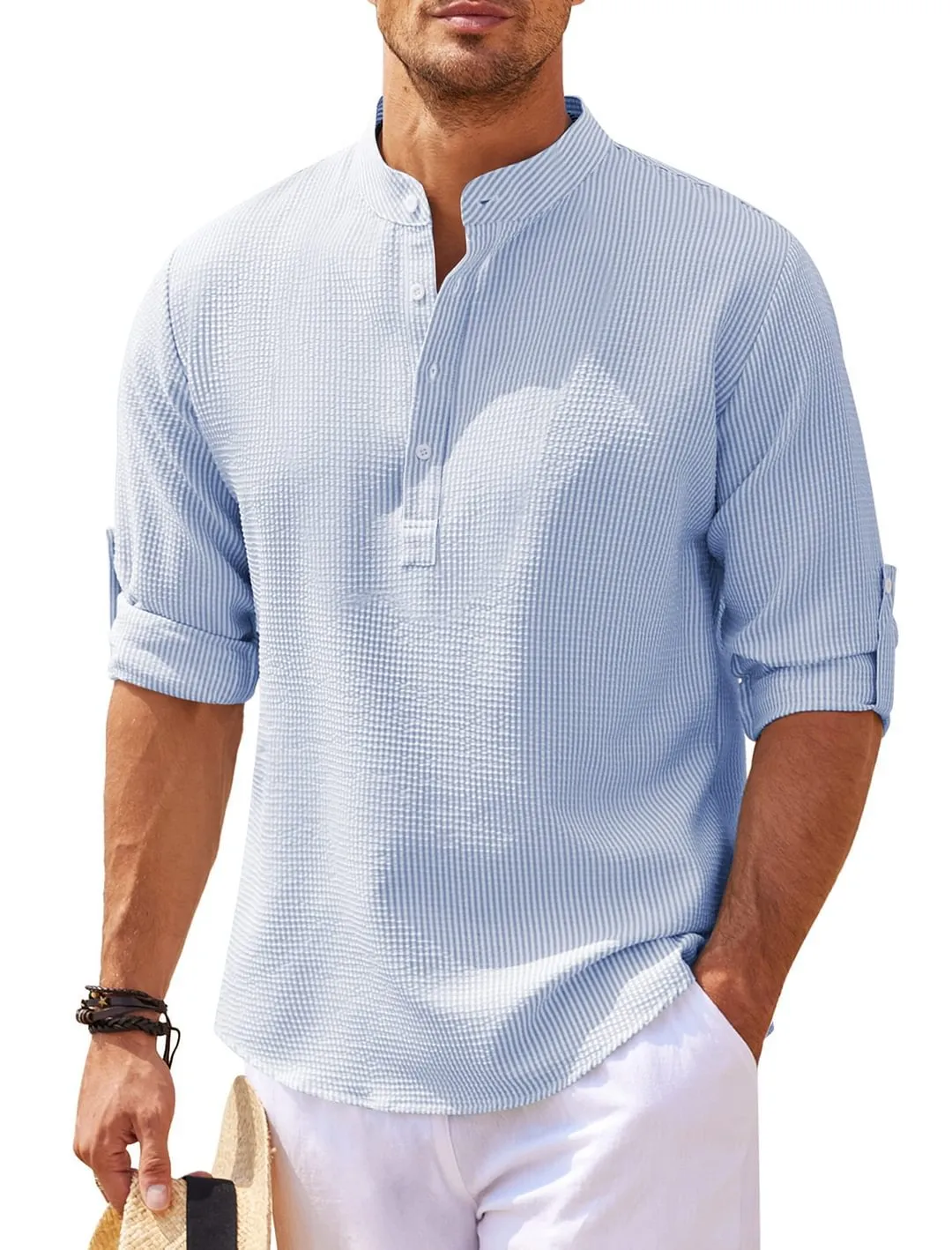 Men's Long Sleeve Stand Collar Solid Color Shirt - GlamzLife