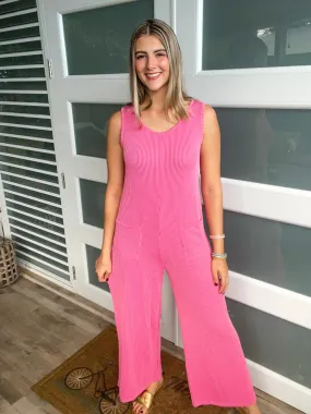 NEON PINK RIBBED POCKET JUMPSUIT
