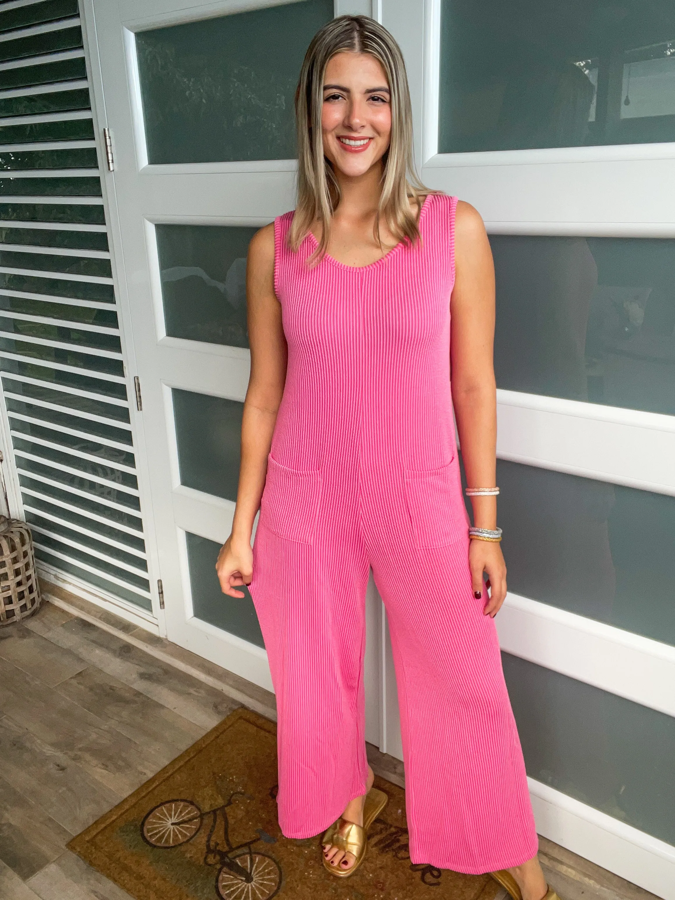 NEON PINK RIBBED POCKET JUMPSUIT
