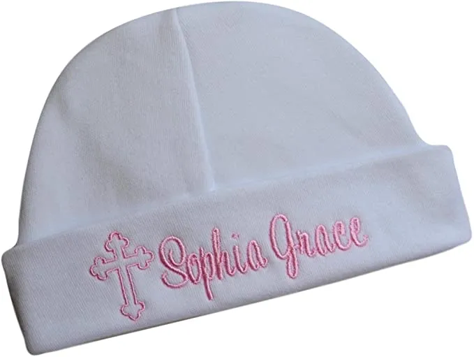 Personalized Embroidered Cross Baby Hat with Custom Name for Christening and Baptism