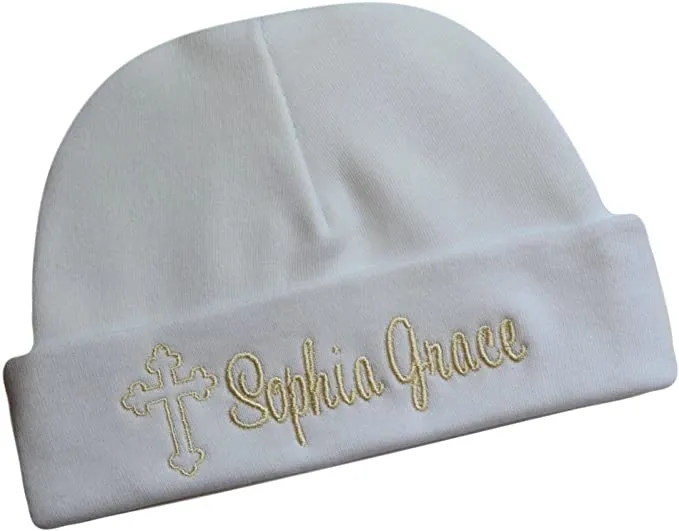 Personalized Embroidered Cross Baby Hat with Custom Name for Christening and Baptism