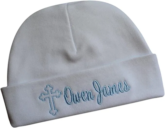 Personalized Embroidered Cross Baby Hat with Custom Name for Christening and Baptism