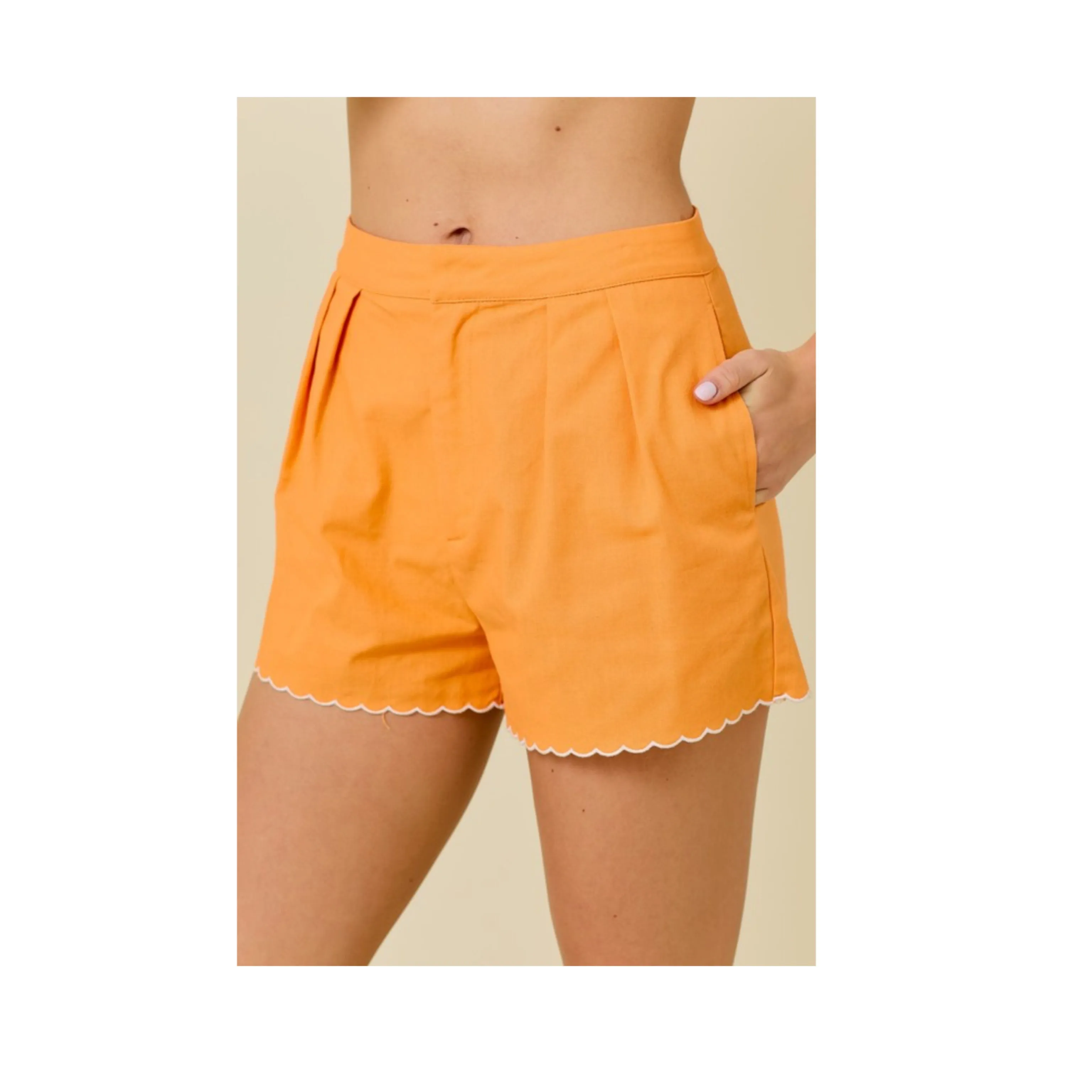SCALLOP LINEN HIGH WAISTED SHORTS W/ PLEATS